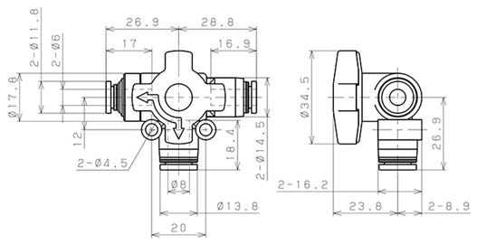 Bản vẽ kỹ thuật Van Chuyển Hướng Khí Nén Ba Ngã Pisco HBV8-6