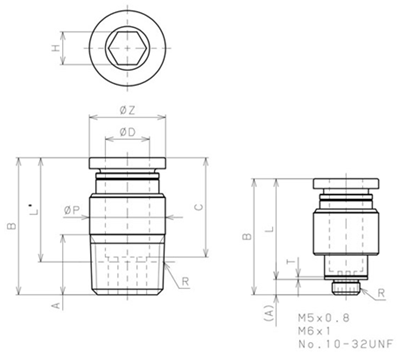 Bản vẽ kỹ thuật Đầu Nối Nhanh Khí Nén Dạng Thẳng Ren Ngoài Pisco POC5/32-N1U