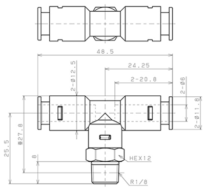Bản vẽ kỹ thuật Đầu Nối Nhanh Khí Nén Dạng Chữ T Ren Ngoài Pisco APB6-01-C