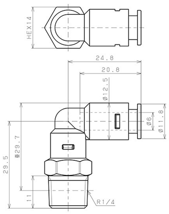 Bản vẽ kỹ thuật Đầu Nối Nhanh Khí Nén Dạng Cong 90° Ren Ngoài Pisco APL6-02-N-C