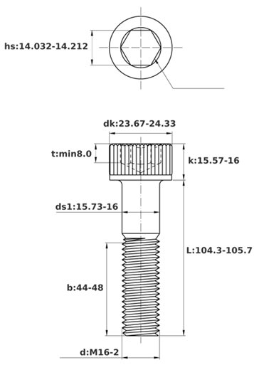 Bản vẽ kỹ thuật Lục Giác Chìm Đầu Trụ Thép Đen 12.9 DIN912 M16x105 Ren Lửng