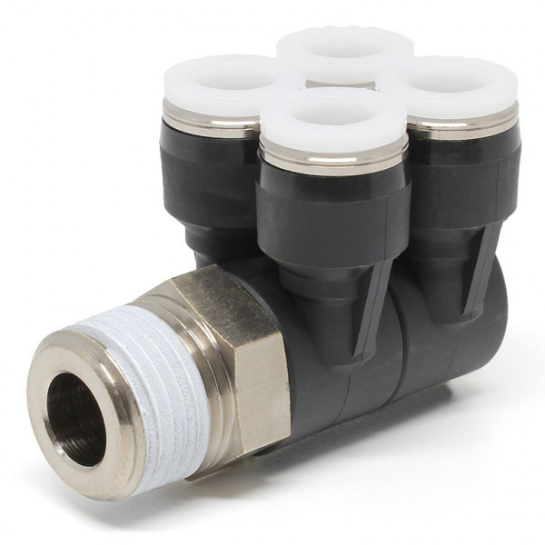 Đầu Nối Nhanh Khí Nén Bốn Nhánh Cong 90° Thân Lục Giác Trụ Ren Ngoài Pisco PAW3/8-04