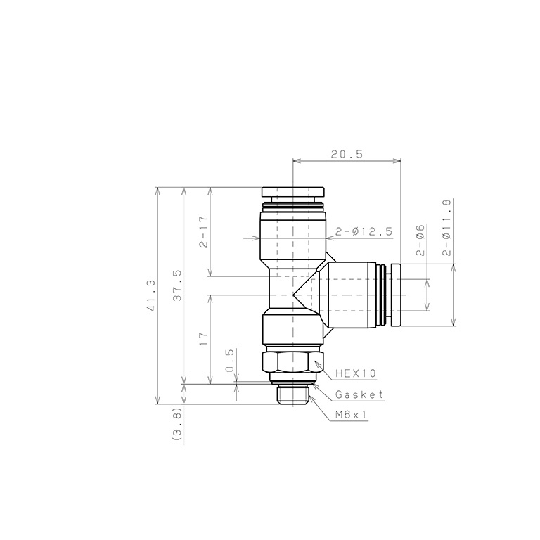 Bản vẽ kỹ thuật Đầu Nối Nhanh Khí Nén Dạng Chữ T Ren Ngoài Pisco PD6-M6W-C