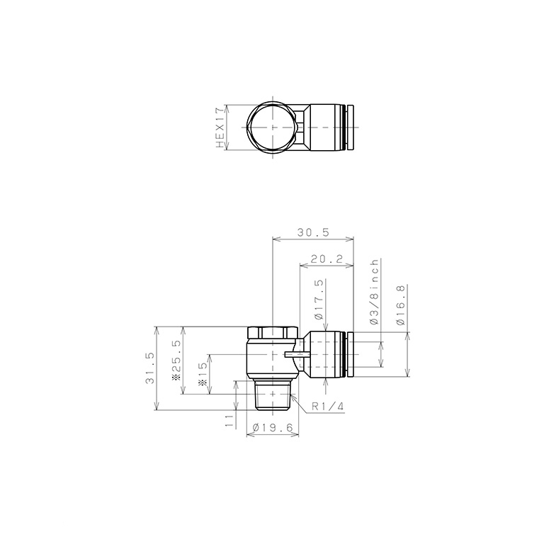 Bản vẽ kỹ thuật Đầu Nối Nhanh Khí Nén Cong 90° Đầu Lục Giác Trụ Ren Ngoài Pisco PH3/8-02-UC