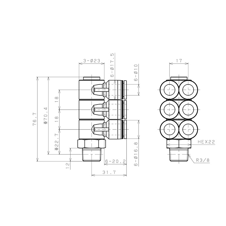 Bản vẽ kỹ thuật Đầu Nối Nhanh Khí Nén Sáu Nhánh Cong 90° Thân Lục Giác Trụ Ren Ngoài Pisco PAT10-03-C
