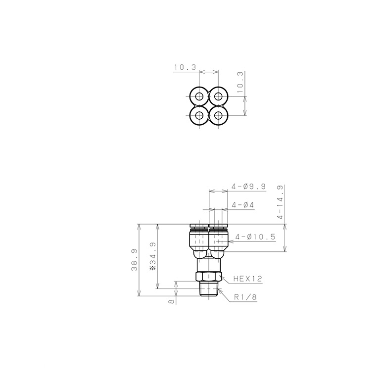 Bản vẽ kỹ thuật Đầu Nối Nhanh Khí Nén Dạng Chữ Y Bốn Nhánh Ren Ngoài Pisco PRX4-01W-C