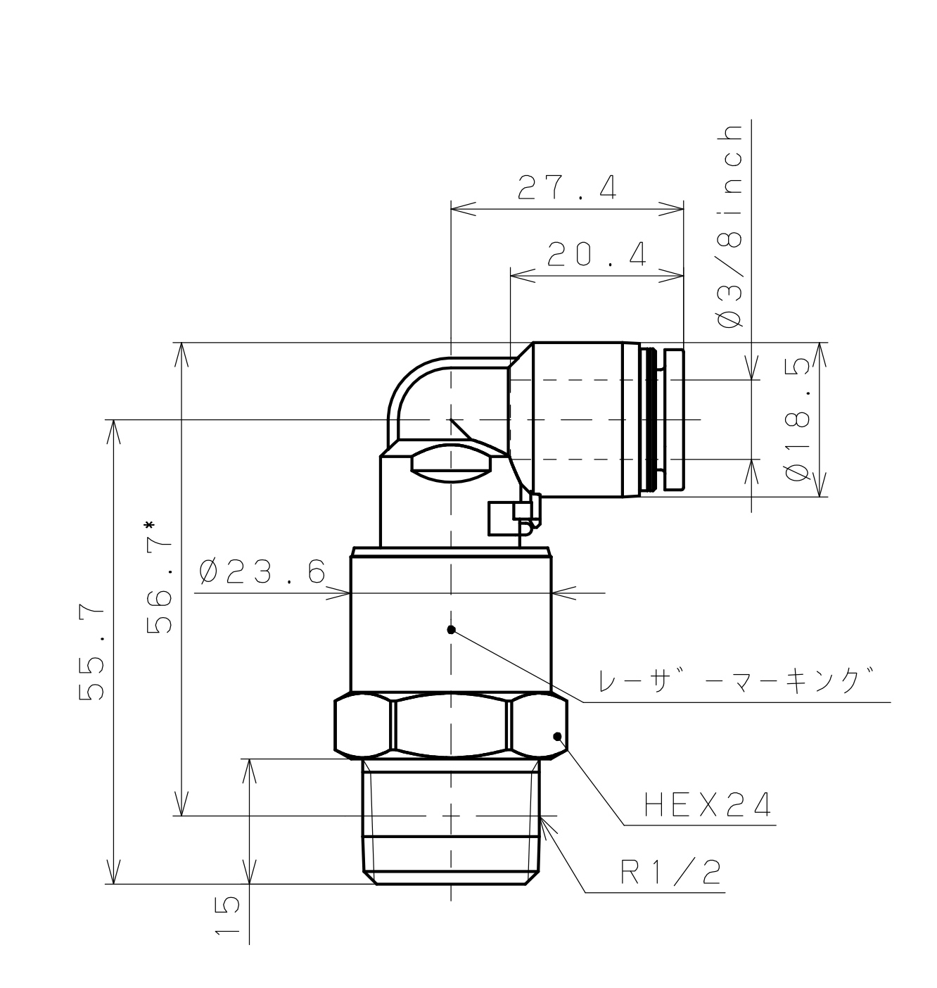 Bản vẽ kỹ thuật Đầu Nối Nhanh Khí Nén Dạng Cong 90° Ren Ngoài Có Khớp Xoay Pisco RAL3/8-04SUS