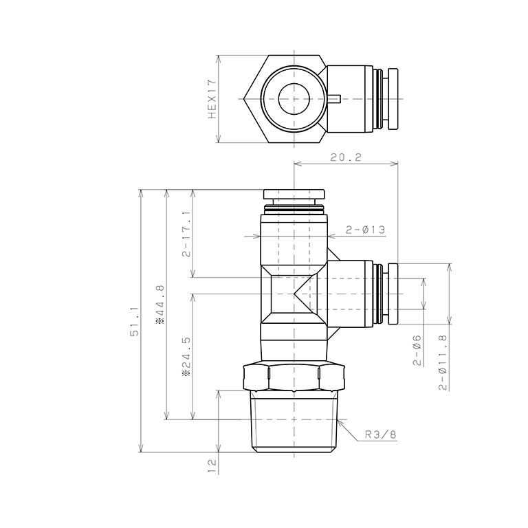 Bản vẽ kỹ thuật Đầu Nối Nhanh Khí Nén Dạng Chữ T Ren Ngoài Pisco PD6-03SUS