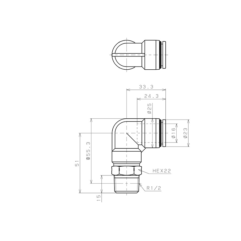 Bản vẽ kỹ thuật Đầu Nối Nhanh Khí Nén Dạng Cong 90° Ren Ngoài Pisco PL16-04SUS