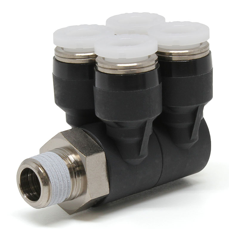 Đầu Nối Nhanh Khí Nén Bốn Nhánh Cong 90° Thân Lục Giác Trụ Ren Ngoài Pisco PAW1/4-01
