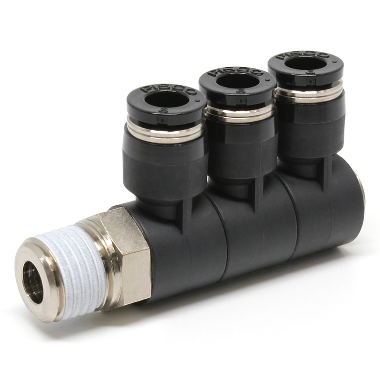 Đầu Nối Nhanh Khí Nén Ba Nhánh Cong 90° Thân Lục Giác Trụ Ren Ngoài Pisco PHT1/4-N2U