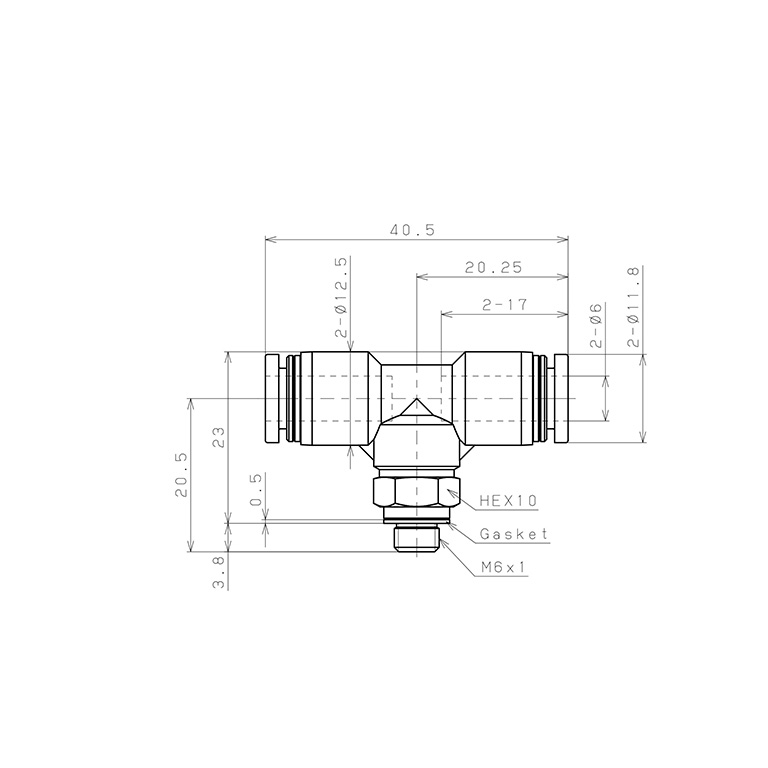 Bản vẽ kỹ thuật Đầu Nối Nhanh Khí Nén Dạng Chữ T Ren Ngoài Pisco PB6-M6EG