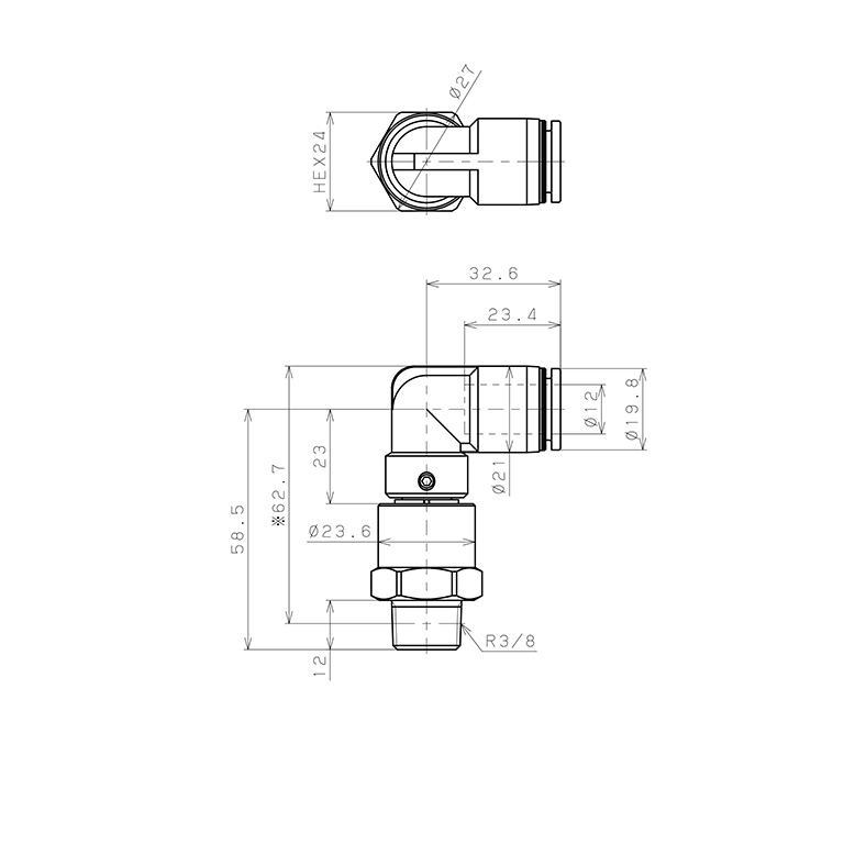 Bản vẽ kỹ thuật Đầu Nối Nhanh Khí Nén Dạng Cong 90° Ren Ngoài Có Khớp Xoay Tốc Độ Cao Pisco RHL12-03
