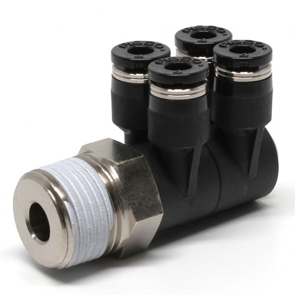Đầu Nối Nhanh Khí Nén Bốn Nhánh Cong 90° Thân Lục Giác Trụ Ren Ngoài Pisco PAW4-03
