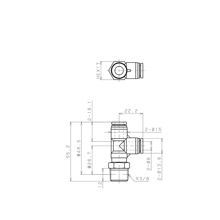 Bản vẽ kỹ thuật Đầu Nối Nhanh Khí Nén Dạng Chữ T Ren Ngoài Pisco SPPD8-03SP