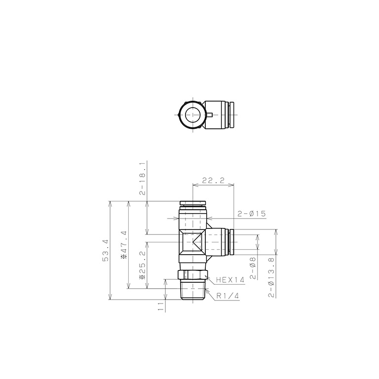 Bản vẽ kỹ thuật Đầu Nối Nhanh Khí Nén Dạng Chữ T Ren Ngoài Pisco SPPD8-02
