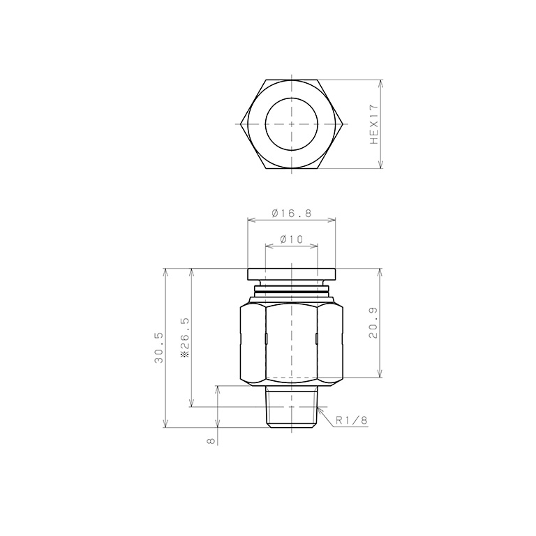 Bản vẽ kỹ thuật Đầu Nối Nhanh Khí Nén Dạng Thẳng Thân Lục Giác Ren Ngoài Pisco PC10-01SUS
