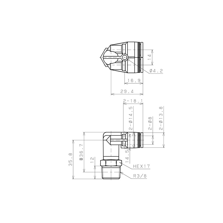 Bản vẽ kỹ thuật Đầu Nối Nhanh Khí Nén Hai Nhánh Cong 90° Ren Ngoài Pisco PAX8-03SUS