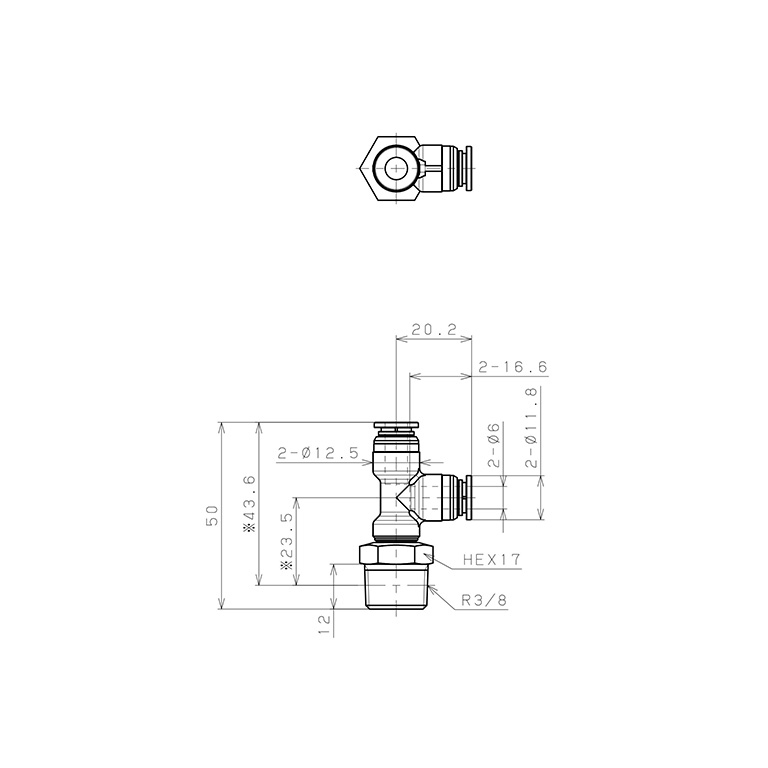 Bản vẽ kỹ thuật Đầu Nối Nhanh Khí Nén Dạng Chữ T Ren Ngoài Pisco KD6-03-1