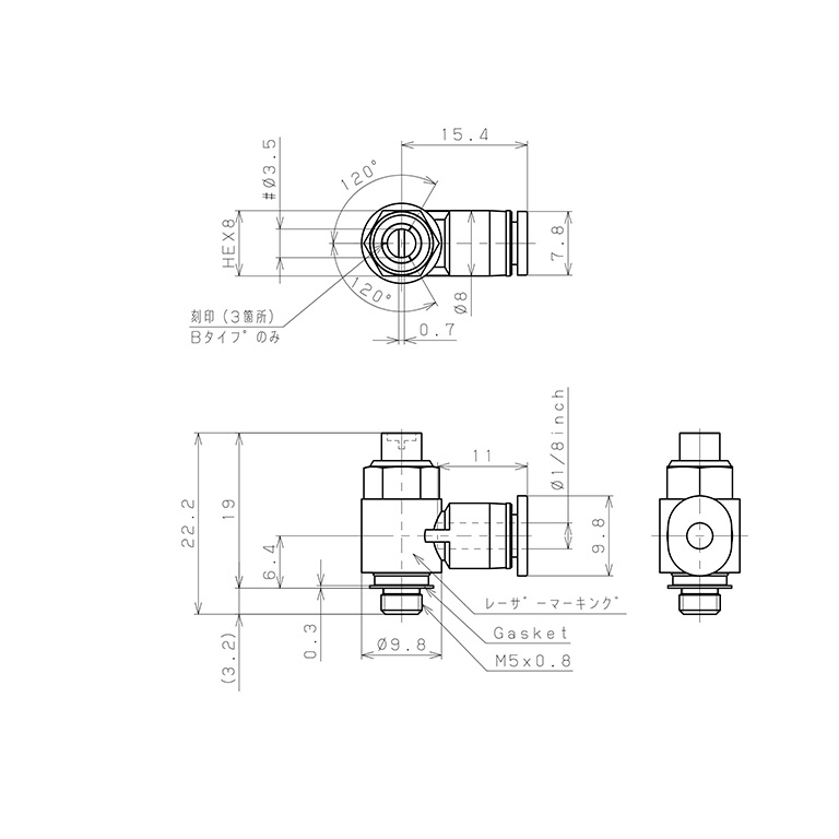 Bản vẽ kỹ thuật Van Tiết Lưu Khí Nén Đầu Vít Dẹp Pisco JSDC1/8-M5B-C