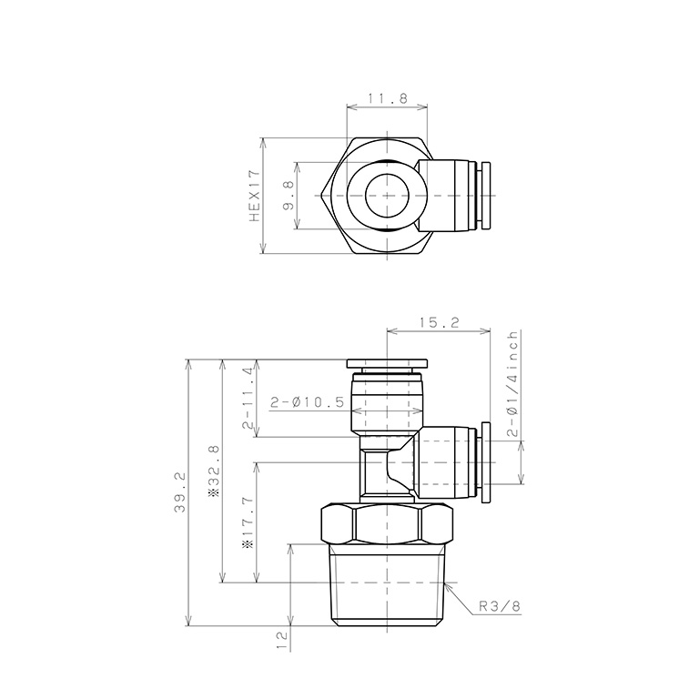 Bản vẽ kỹ thuật Đầu Nối Nhanh Khí Nén Dạng Chữ T Ren Ngoài Pisco PD1/4-03M