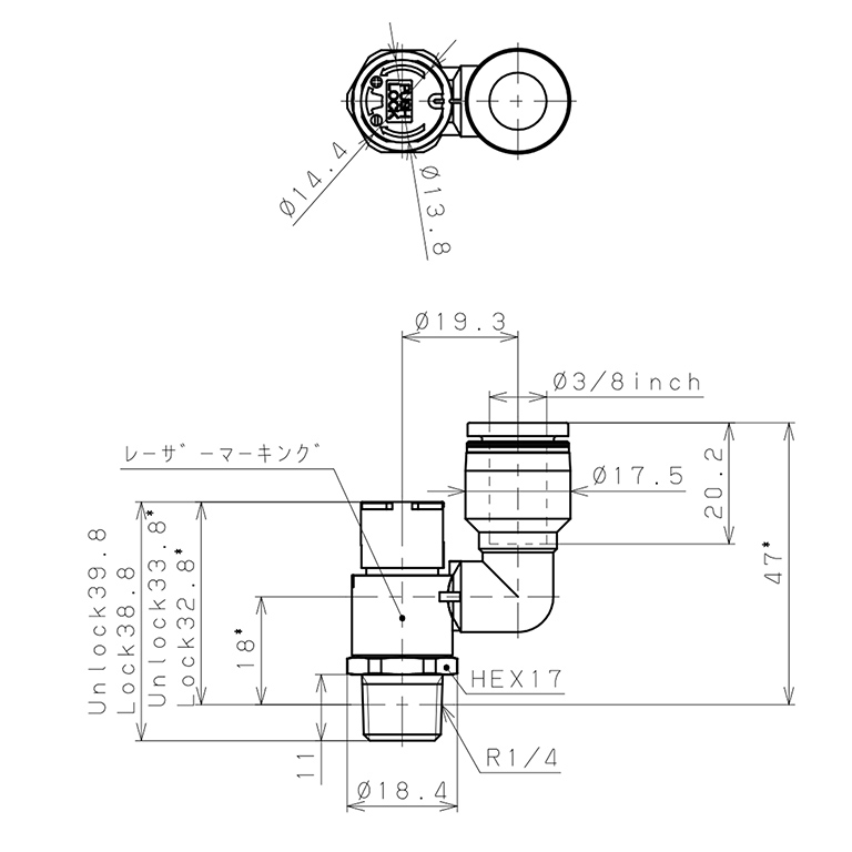 Bản vẽ kỹ thuật Van Tiết Lưu Khí Nén Loại Khóa Đẩy Có Hiển Thị Chỉ Số Pisco JSGS3/8-02BW