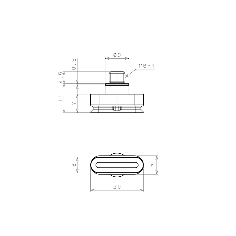 Bản vẽ kỹ thuật Bộ Nấm Hút Chân Không Hình Oval Bầu Dục Có Vít Ren, Silicone,  O.D 6x20 mm, Pisco VP6x20ES-M6