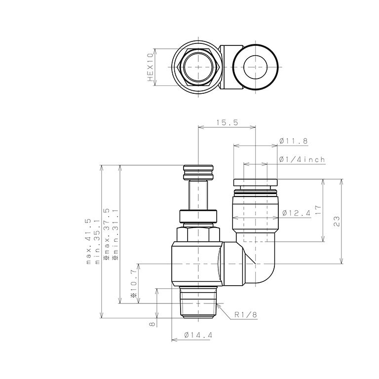 Bản vẽ kỹ thuật Van Tiết Lưu Khí Nén Chân Kim Pisco JNS1/4-01