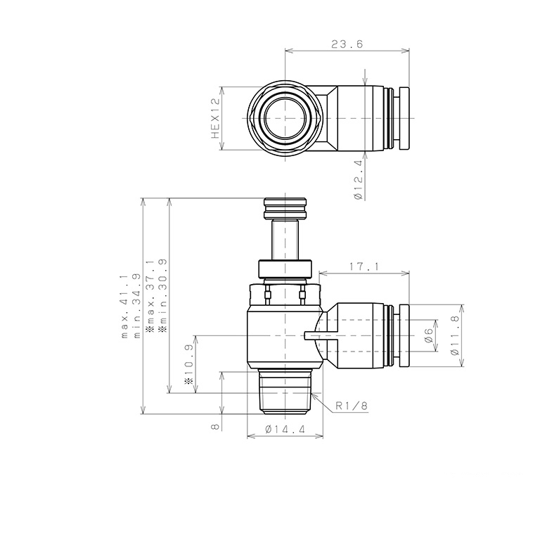 Bản vẽ kỹ thuật Van Tiết Lưu Khí Nén Chân Kim, Nhựa PP Và Inox 304 Pisco PJNC6-01-HN-S