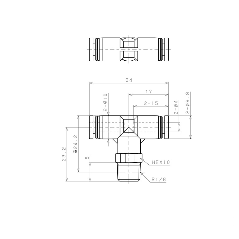 Bản vẽ kỹ thuật Đầu Nối Nhanh Khí Nén Dạng Chữ T Ren Ngoài Pisco PPB4-01-F-TP