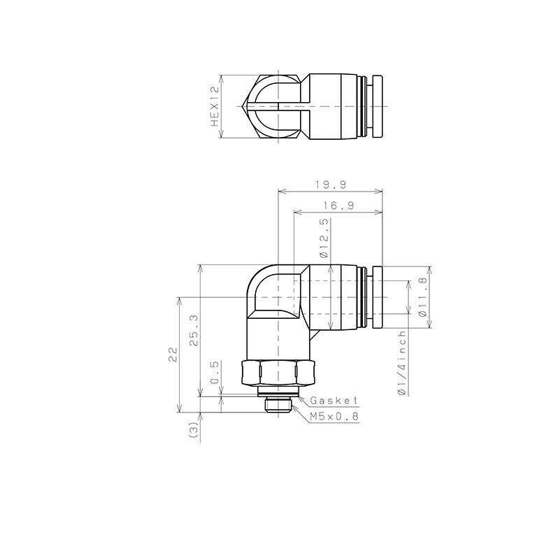 Bản vẽ kỹ thuật Đầu Nối Nhanh Khí Nén Dạng Cong 90° Ren Ngoài Pisco PPL1/4-M5SUS-F