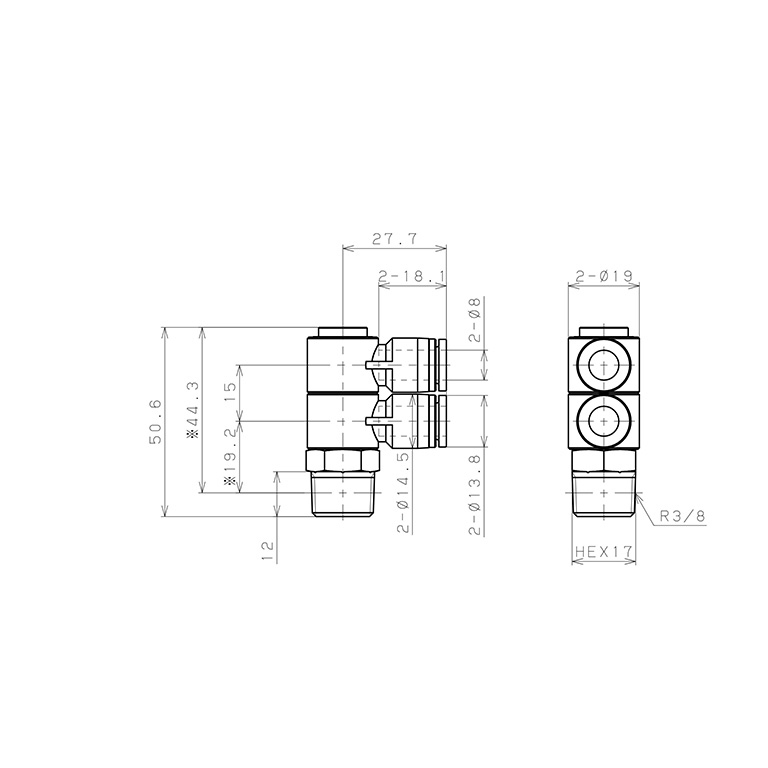 Bản vẽ kỹ thuật Đầu Nối Nhanh Khí Nén Hai Nhánh Cong 90° Thân Lục Giác Trụ Ren Ngoài Pisco SPHW8-03
