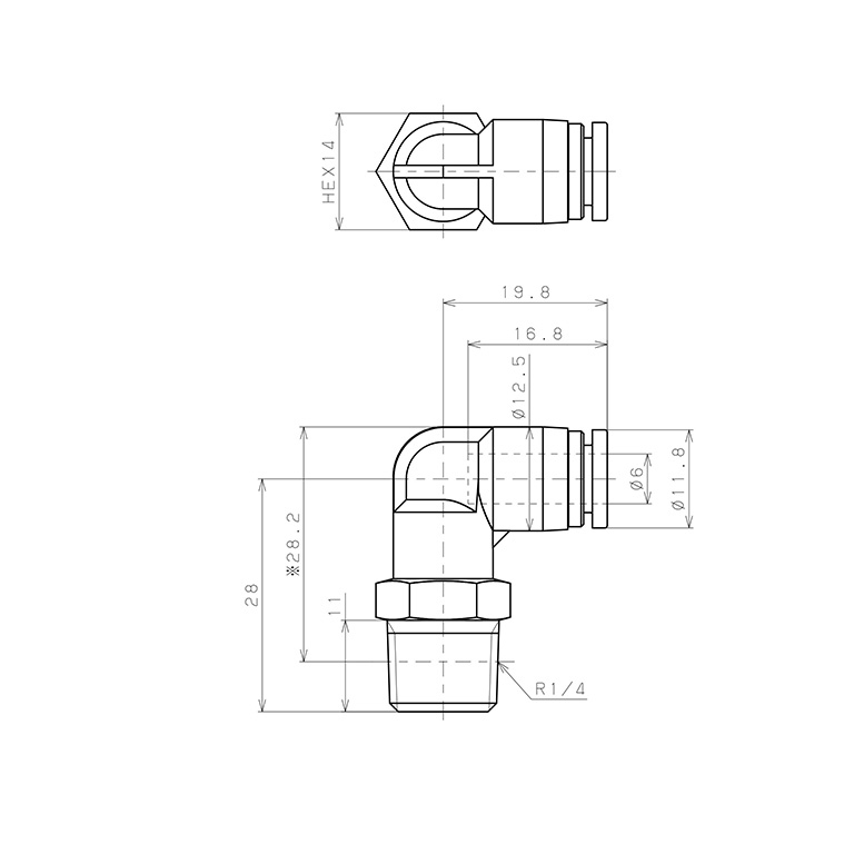 Bản vẽ kỹ thuật Đầu Nối Nhanh Khí Nén Dạng Cong 90° Ren Ngoài Pisco SPL6-02-UC