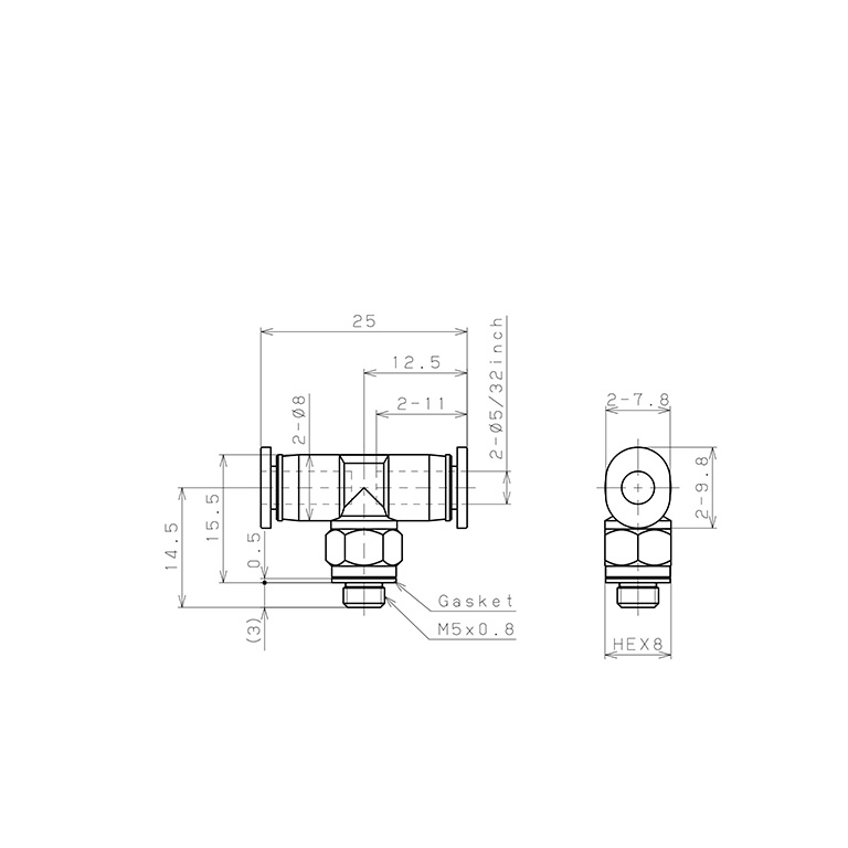 Bản vẽ kỹ thuật Đầu Nối Nhanh Khí Nén Dạng Chữ T Ren Ngoài Pisco PB5/32-M5M