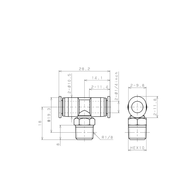 Bản vẽ kỹ thuật Đầu Nối Nhanh Khí Nén Dạng Chữ T Ren Ngoài Pisco PB1/4-01M