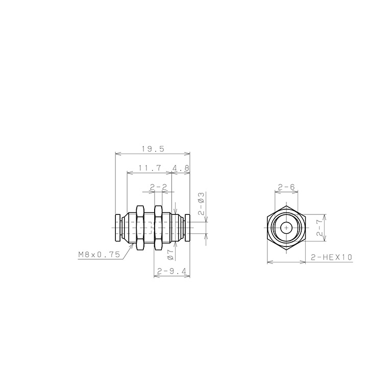Bản vẽ kỹ thuật Đầu Nối Nhanh Khí Nén Dạng Thẳng Ren Ngoài Lắp Kẹp Vách Pisco PM3M