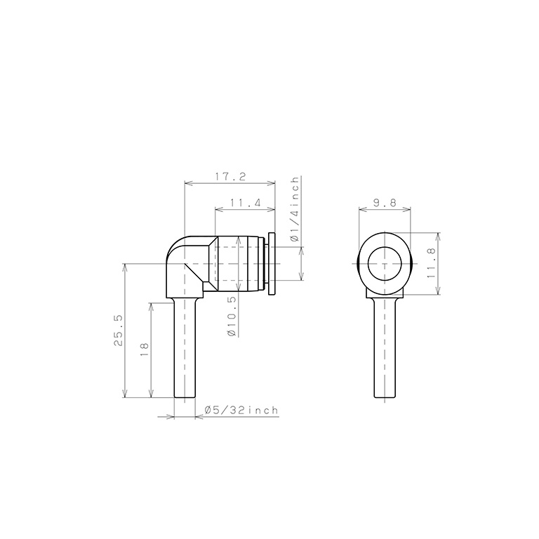 Bản vẽ kỹ thuật Đầu Nối Nhanh Khí Nén Giữa Ống Khí Và Fitting Dạng Nối Giảm Cong 90° Pisco PLGJ5/32-1/4MW