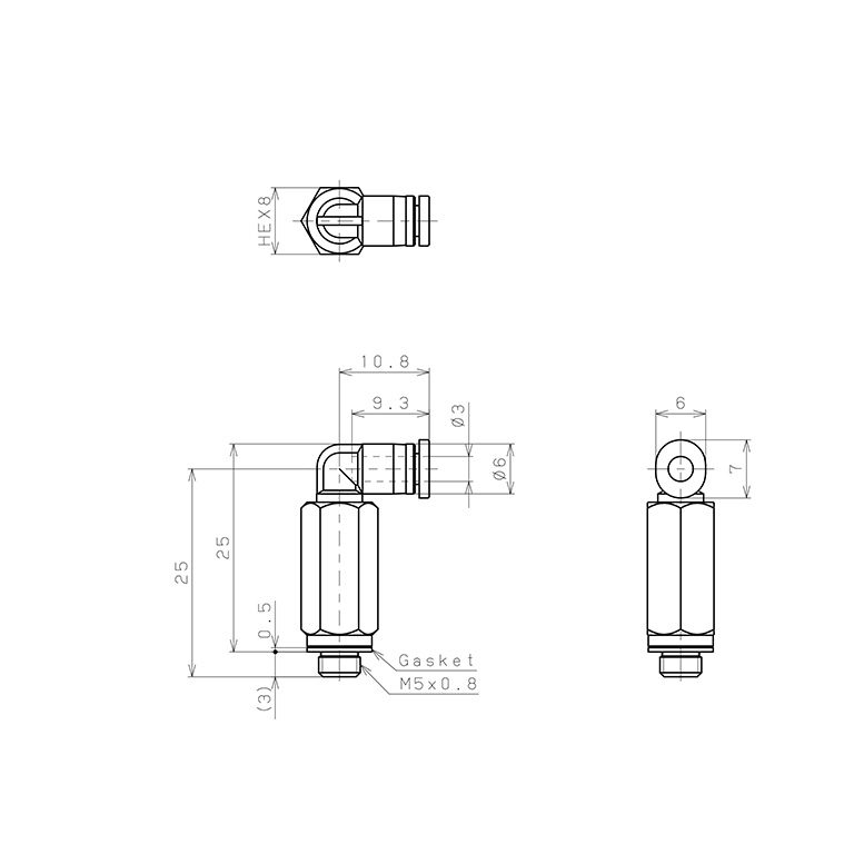 Bản vẽ kỹ thuật Đầu Nối Nhanh Khí Nén Dạng Cong 90° Ren Ngoài (Dài) Pisco PLL3-M5M