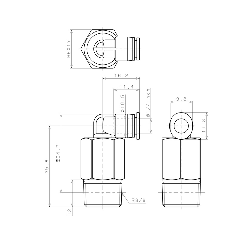Bản vẽ kỹ thuật Đầu Nối Nhanh Khí Nén Dạng Cong 90° Ren Ngoài (Dài) Pisco PLL1/4-03M