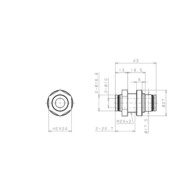 Bản vẽ kỹ thuật Đầu Nối Nhanh Khí Nén Dạng Thẳng Ren Ngoài Lắp Kẹp Vách Pisco PMP10-C