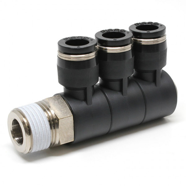 Đầu Nối Nhanh Khí Nén Ba Nhánh Cong 90° Thân Lục Giác Trụ Ren Ngoài Pisco PHT5/16-N3U