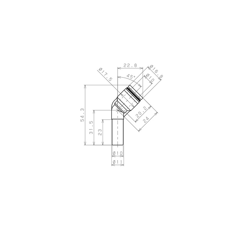Bản vẽ kỹ thuật Đầu Nối Nhanh Khí Nén Giữa Ống Khí Và Fitting Dạng Cong 45° Pisco PLHJ10
