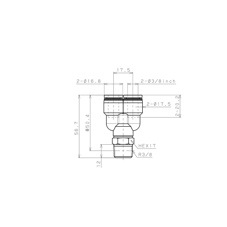 Bản vẽ kỹ thuật Đầu Nối Nhanh Khí Nén Dạng Chữ Y Ren Ngoài Pisco PX3/8-03