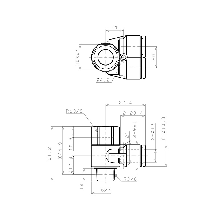 Bản vẽ kỹ thuật Đầu Nối Nhanh Khí Nén Hai Nhánh Cong 90° Đầu Lục Giác Trụ Ren Đực Cái Pisco PAF12-03-C