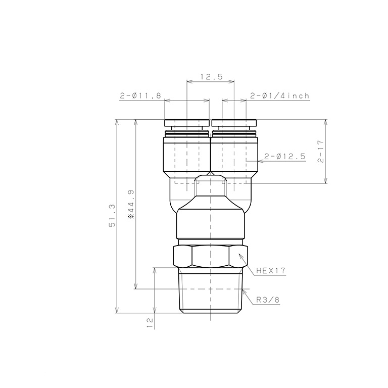 Bản vẽ kỹ thuật Đầu Nối Nhanh Khí Nén Dạng Chữ Y Ren Ngoài Pisco PX1/4-03
