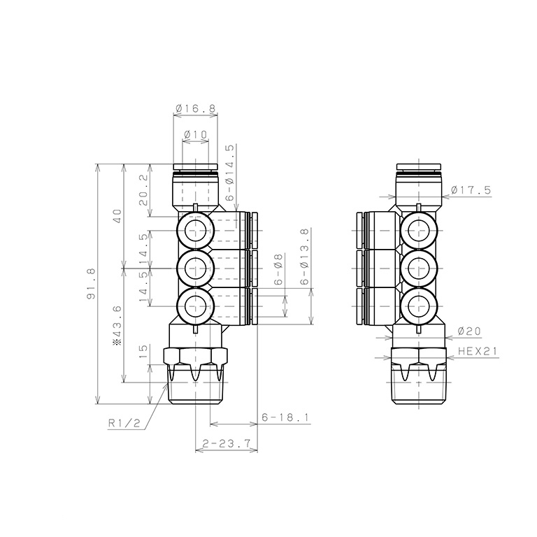 Bản vẽ kỹ thuật Đầu Nối Nhanh Khí Nén Dạng Chữ T Sáu Nhánh Ren Ngoài Pisco PKVD10-8-04-UC