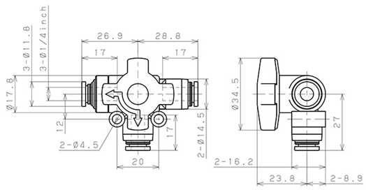 Bản vẽ kỹ thuật Van Chuyển Hướng Khí Nén Ba Ngã Pisco HBV1/4-1/4