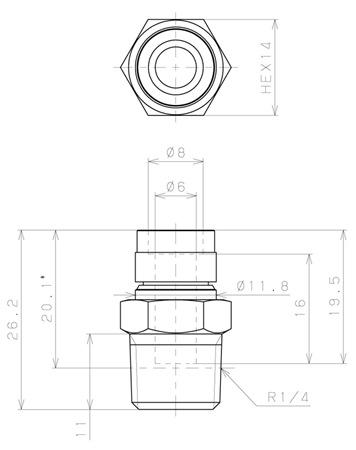 Bản vẽ kỹ thuật Đầu Nối Nhanh Khí Nén Thẳng Phi 6mm Ren Ngoài R1/4 Pisco KC6-02