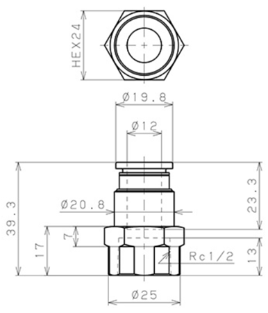 Bản vẽ kỹ thuật Đầu Nối Nhanh Khí Nén Thẳng Phi 12mm Ren Trong R1/2 Pisco PCF12-04