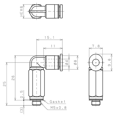 Bản vẽ kỹ thuật Đầu Nối Nhanh Khí Nén Dạng Cong 90° Ren Ngoài (Dài) Pisco PLL4-M5M